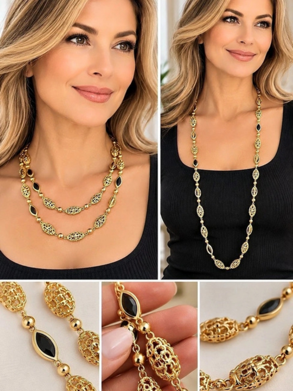 Gold-Tone Filigree Necklace in Gold & Black Like New